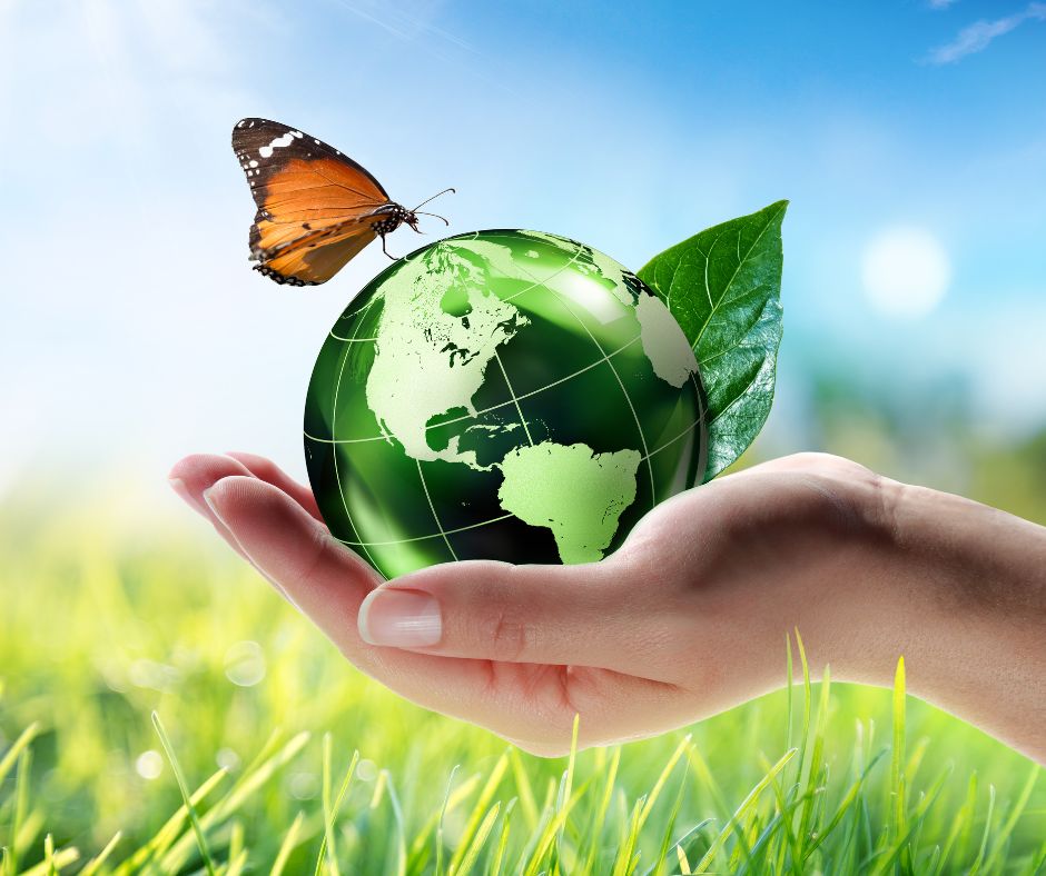 a hand holding a ball decorated as a green earth